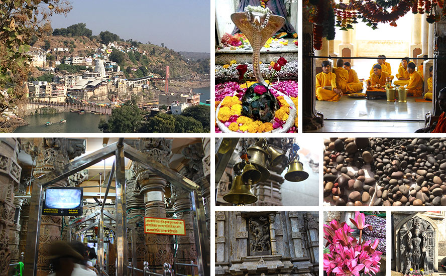 Imposing view of Omkareshwar temple on Kotiteerth Ghat, the temple complex, Omkareshwar Jyotirlinga and Narmadeshwar Shivlings